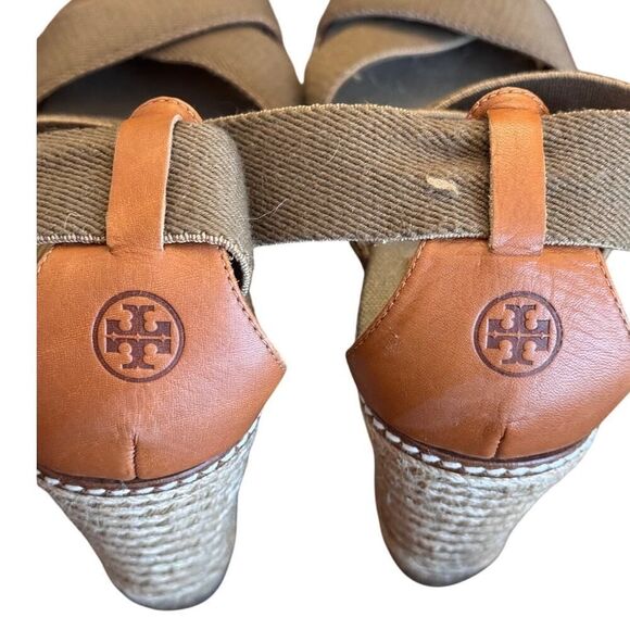 Tory Burch Designer Espadrille Wedges Sz 11 Olive Canvas Cognac Leather EUC - Picture 9 of 9